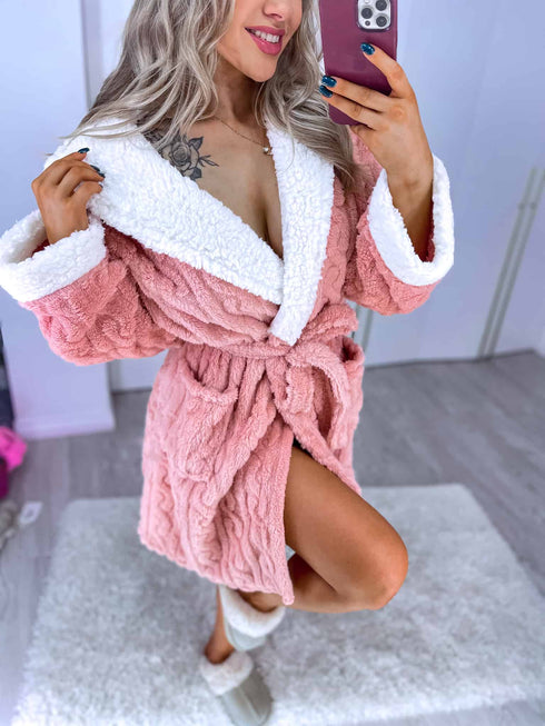 Fluffy Robe with Cable Knit Pattern - PINK